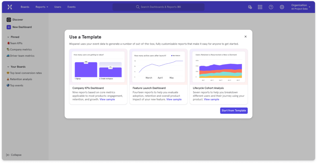 Mixpanel's Template gallery