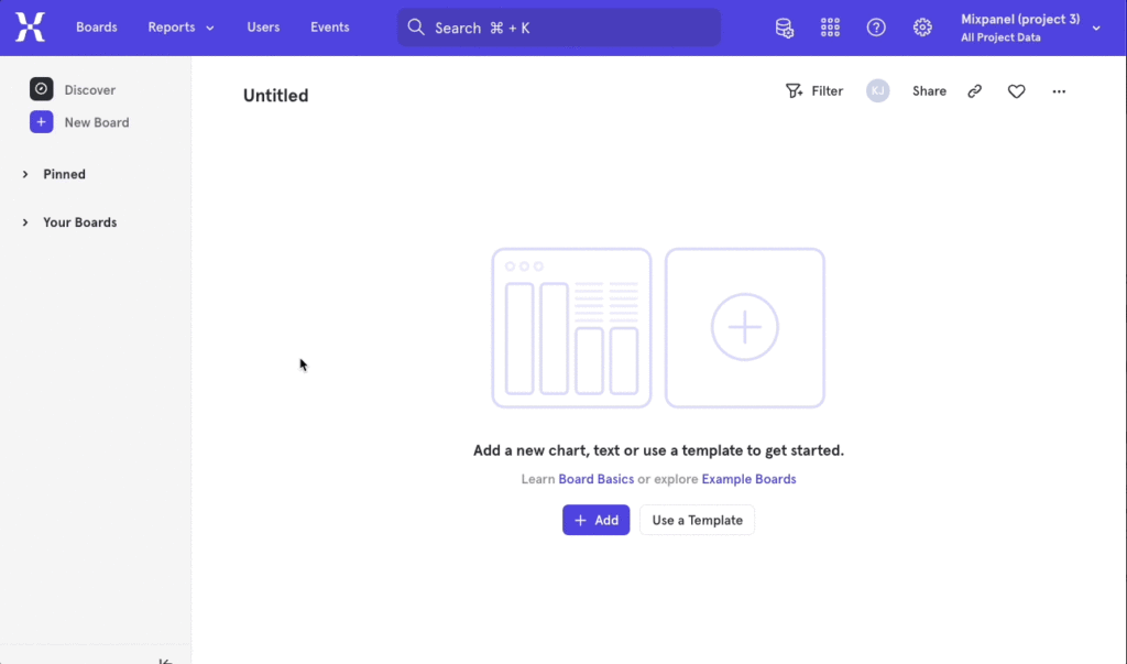 What it looks like to create a new Mixpanel Board from a template