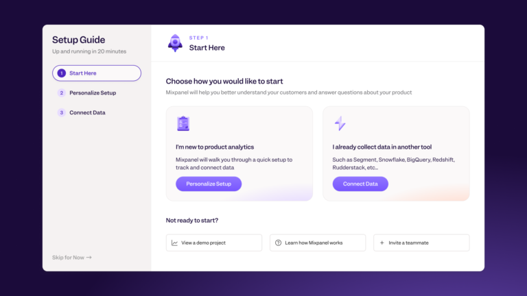 Mixpanel's new onboarding guide that helps technical and non-technical users get started with analytics faster