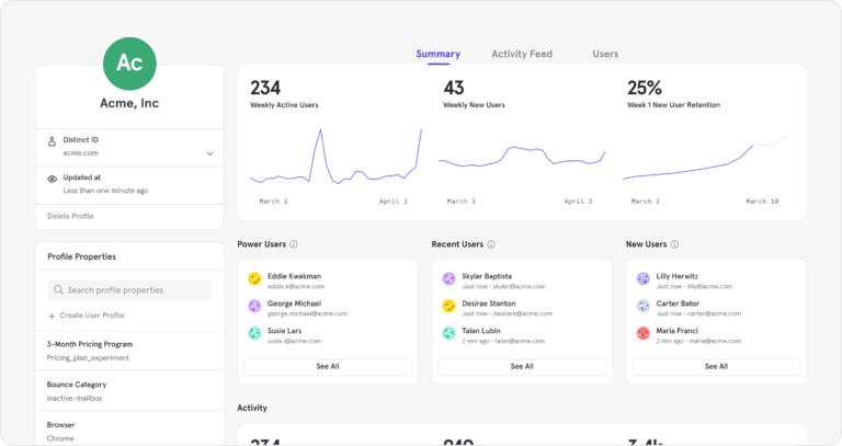 A look at analytics at the customer company level in Mixpanel