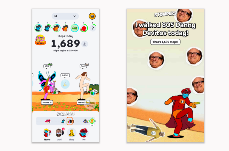 <em>Stompers is a competitive step-tracking app</em>. <em>Users really get invested through things like challenging friends and creating a “Stomper” avatar. Social sharing metrics and retention data help us see we have clear growth. </em>
