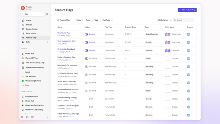 Example feature flags listed in Mixpanel