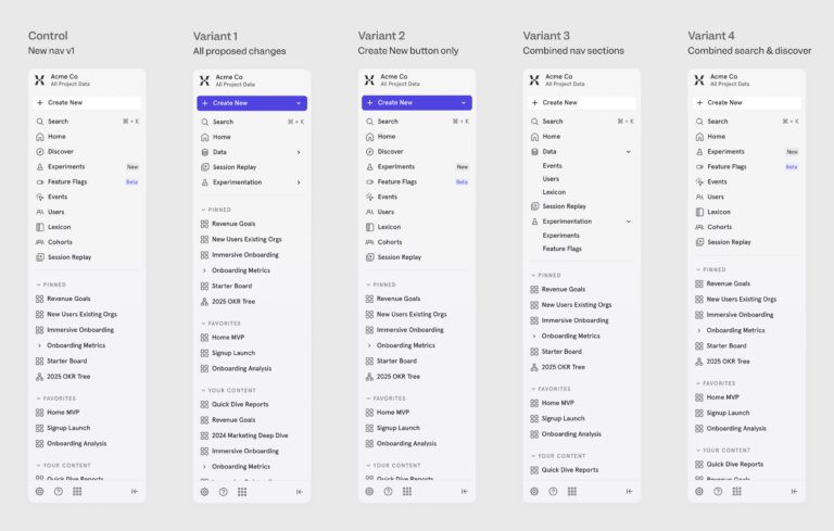 Mixpanel navigation experiment all layouts comparison