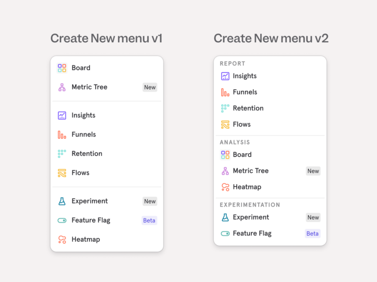 Mixpanel navigation experiment new dropdown comparison