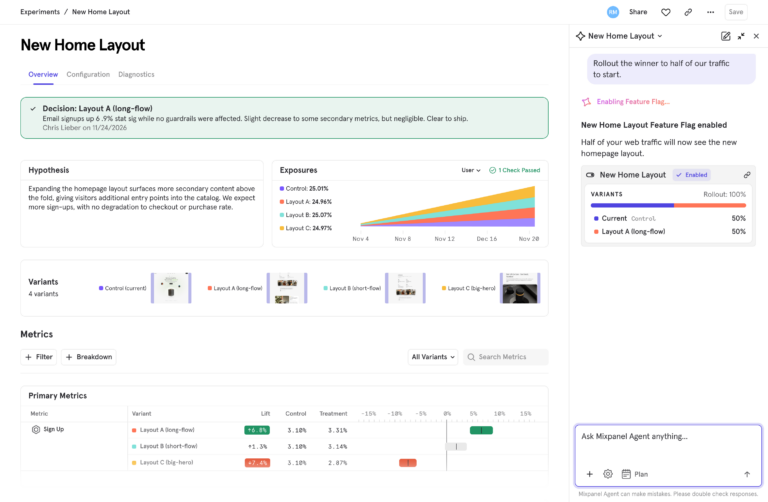 <em>Mixpanel Agent enabling a feature flag for an experiment.</em>