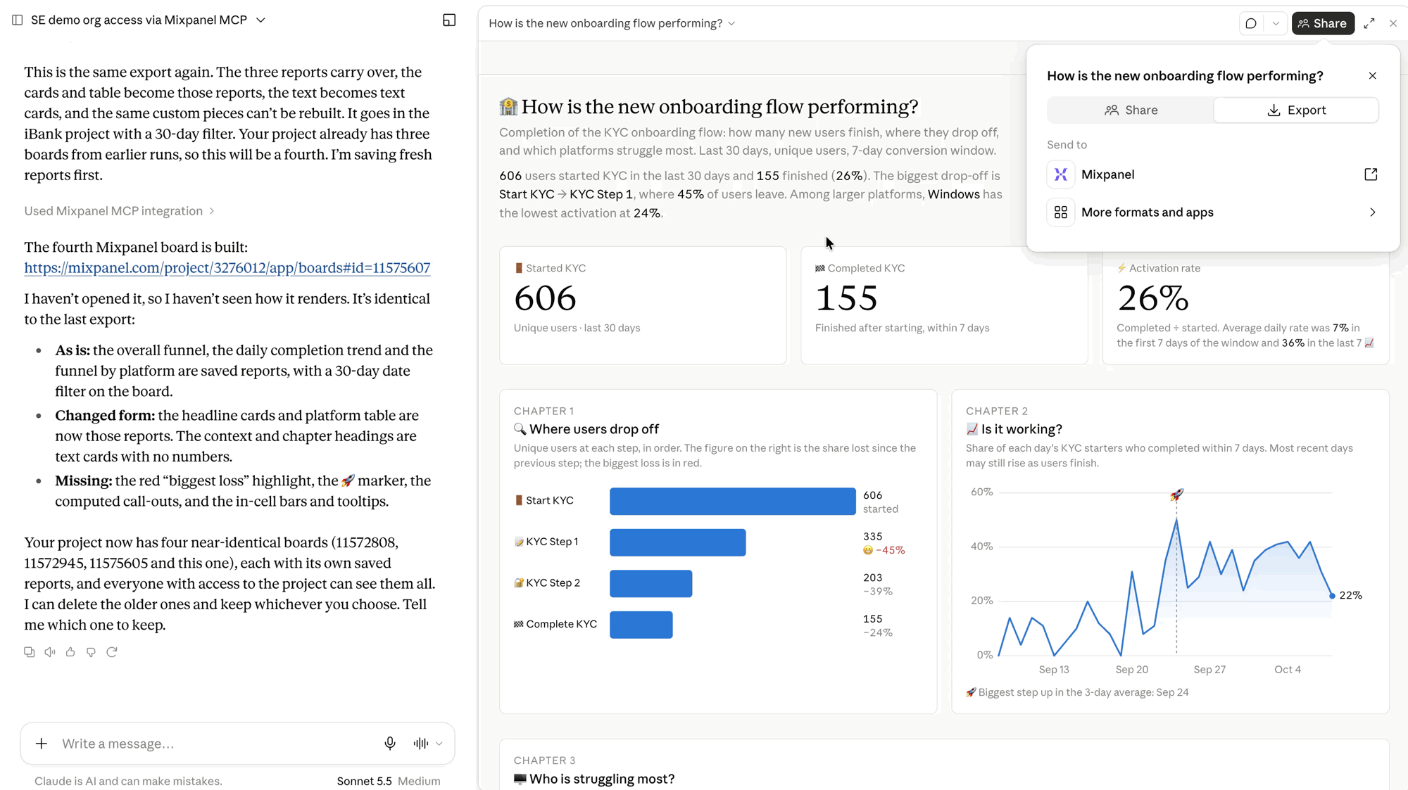Claude dashboard on new onboarding flow performance, shared to Mixpanel from the Share menu